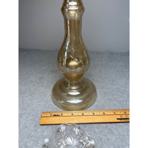 Vintage Amber Glass Candle Holder with Crystal Dangles 13.5" - Picture 9 of 15